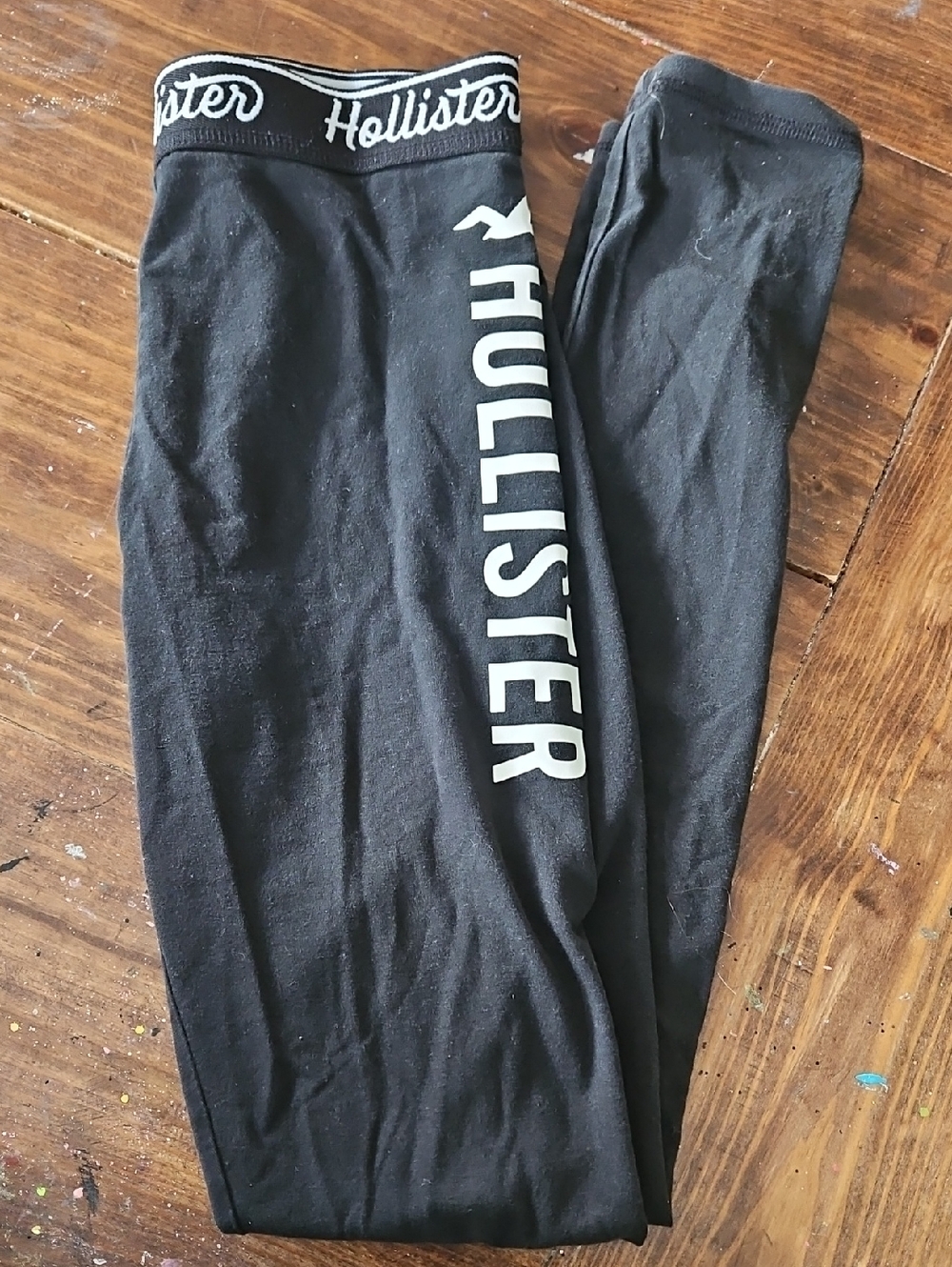 Hollister Black Leggings with White Logo Side Stripe